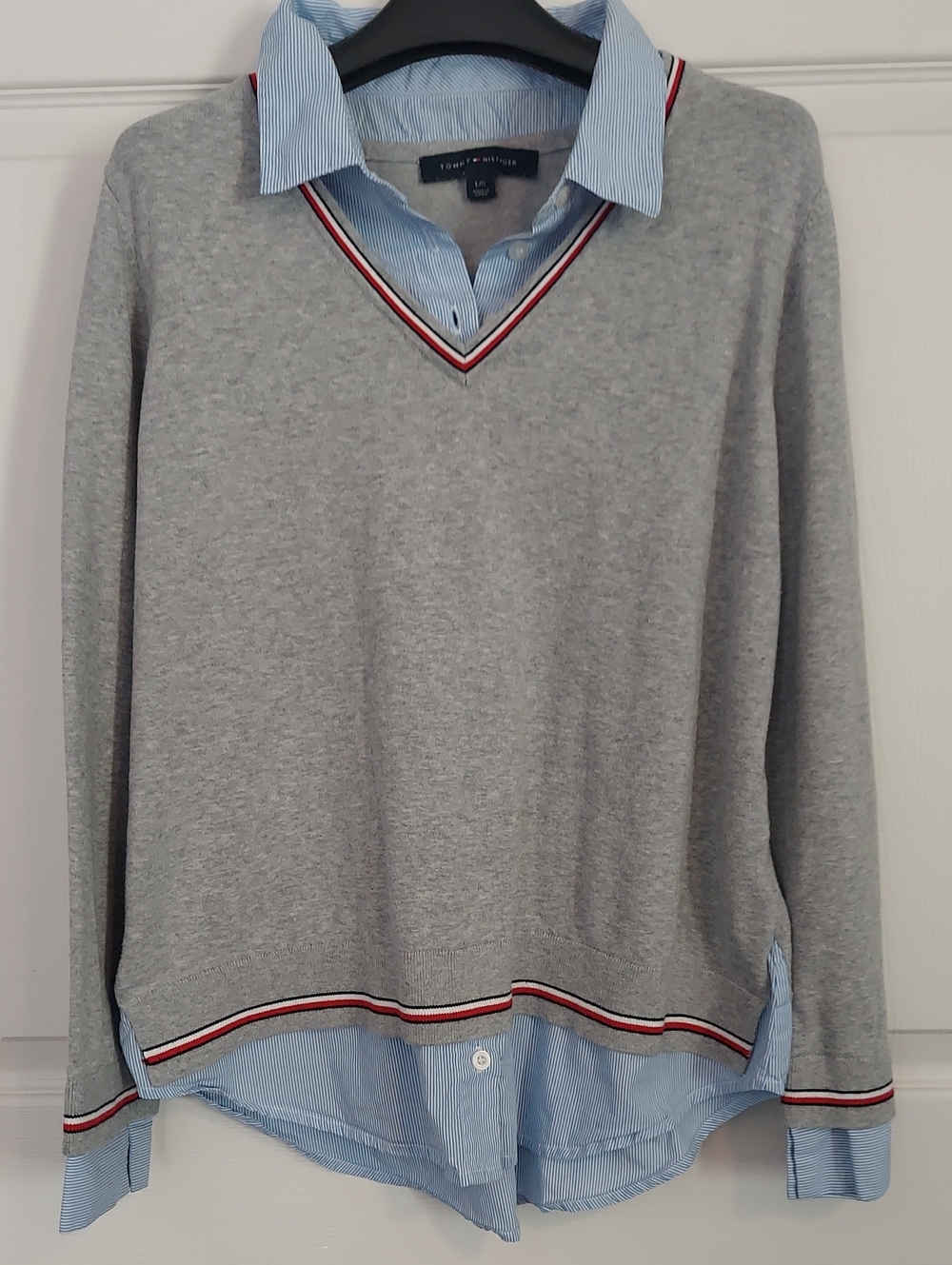 Tommy Hilfiger Layered Sweater Shirt Gray Stripe Preppy L